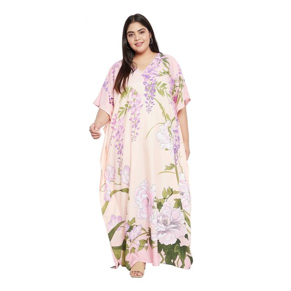 Floral Printed Peach Polyester Plus Size Kaftan Dress for Women by Gypsie Blu - Picture 3 of 9